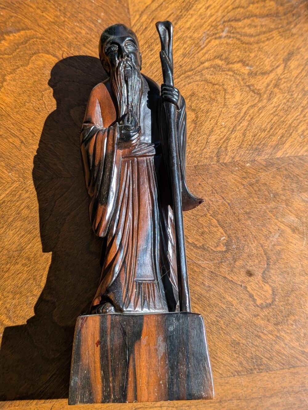 Vintage Hand-Carved Rosewood Shou Lao Statue - 12"